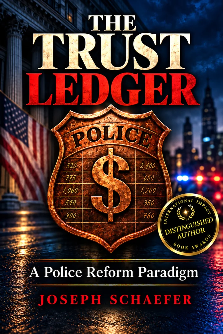 Cover of The Trust Ledger: A Police Reform Paradigm by Joseph Schaefer, showing a bronze police badge marked with a dollar sign and ledger figures on a rainy city street at night, with an International Impact Book Awards Distinguished Author seal